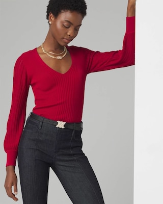 Sheer Sleeve V-Neck Sweater | White House Black Market